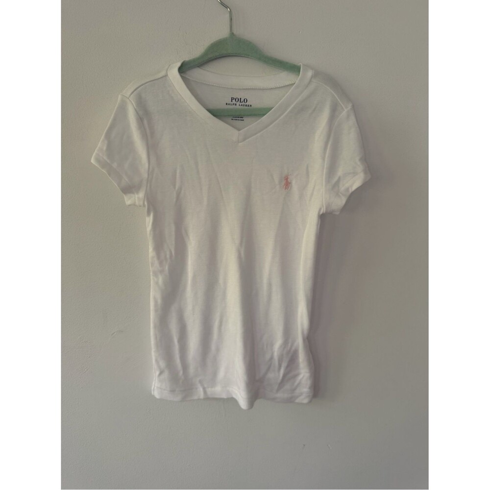 Polo by Ralph Lauren White V-Neck Tee with Pink Pony Embroidery